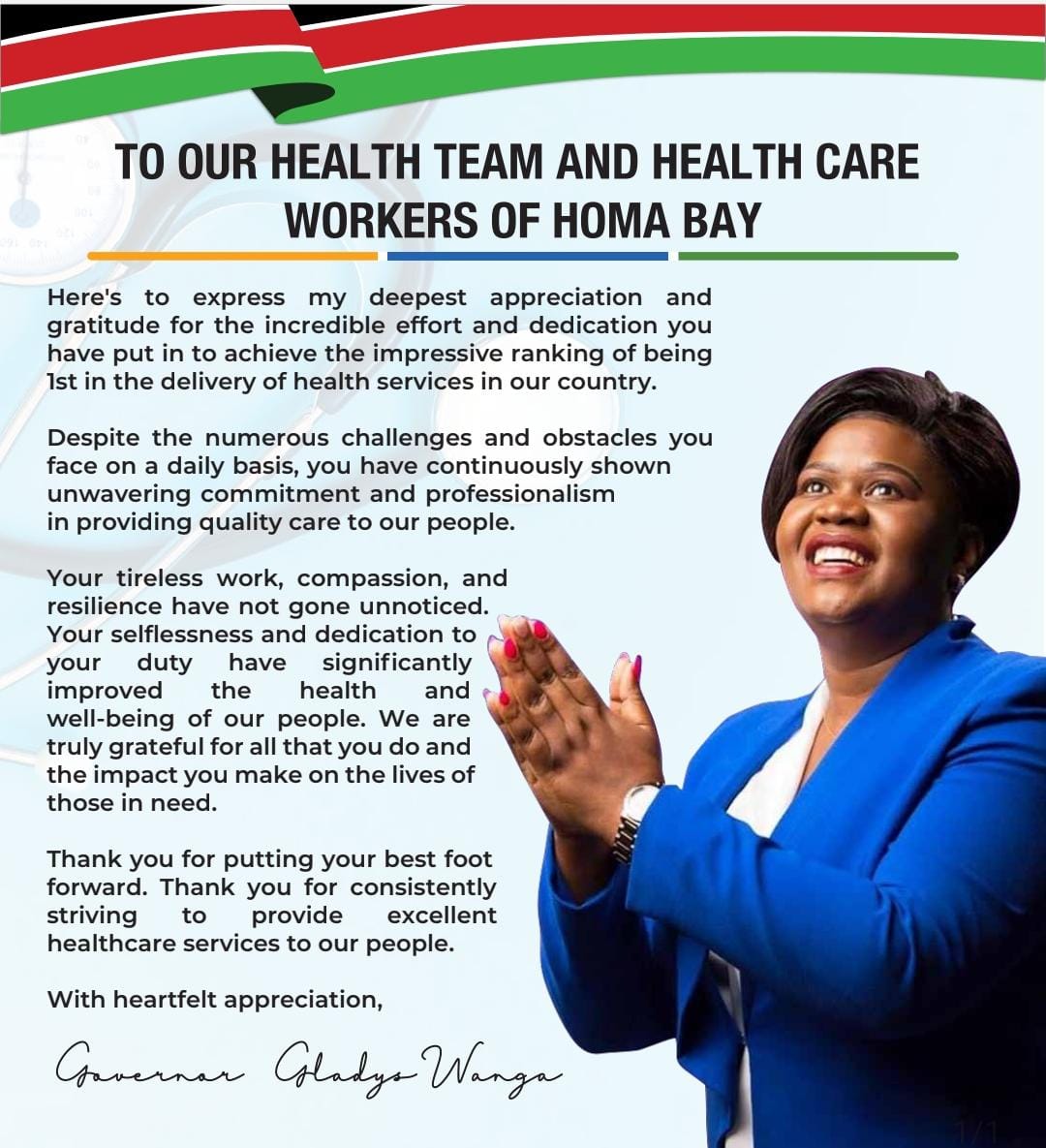 gladyswanga's tweet photo. Hats off to the Homa Bay Health Team and Care Workers for their tireless dedication and resilience, making us the top-ranking county in healthcare service delivery. Your hard work is profoundly impacting the lives of our people. Ahsanteni sana! https://t.co/UXGDwRINA8
