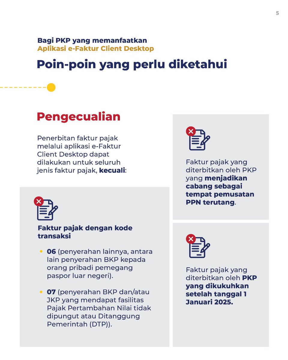 DitjenPajakRI's tweet photo. Bagi PKP yang akan melakukan Pembuatan FP dan Penggantian FP dilakukan melalui Aplikasi e-Faktur Client Desktop, sedangkan untuk Pembuatan Retur FP, Pembatalan FP, dan Pelaporan SPT Masa PPN dapat dilakukan pada Coretax DJP

Berikut terdapat beberapa pengecualian penerbitan FP pada Aplikasi e-Faktur Client Desktop, simak infografis berikut!