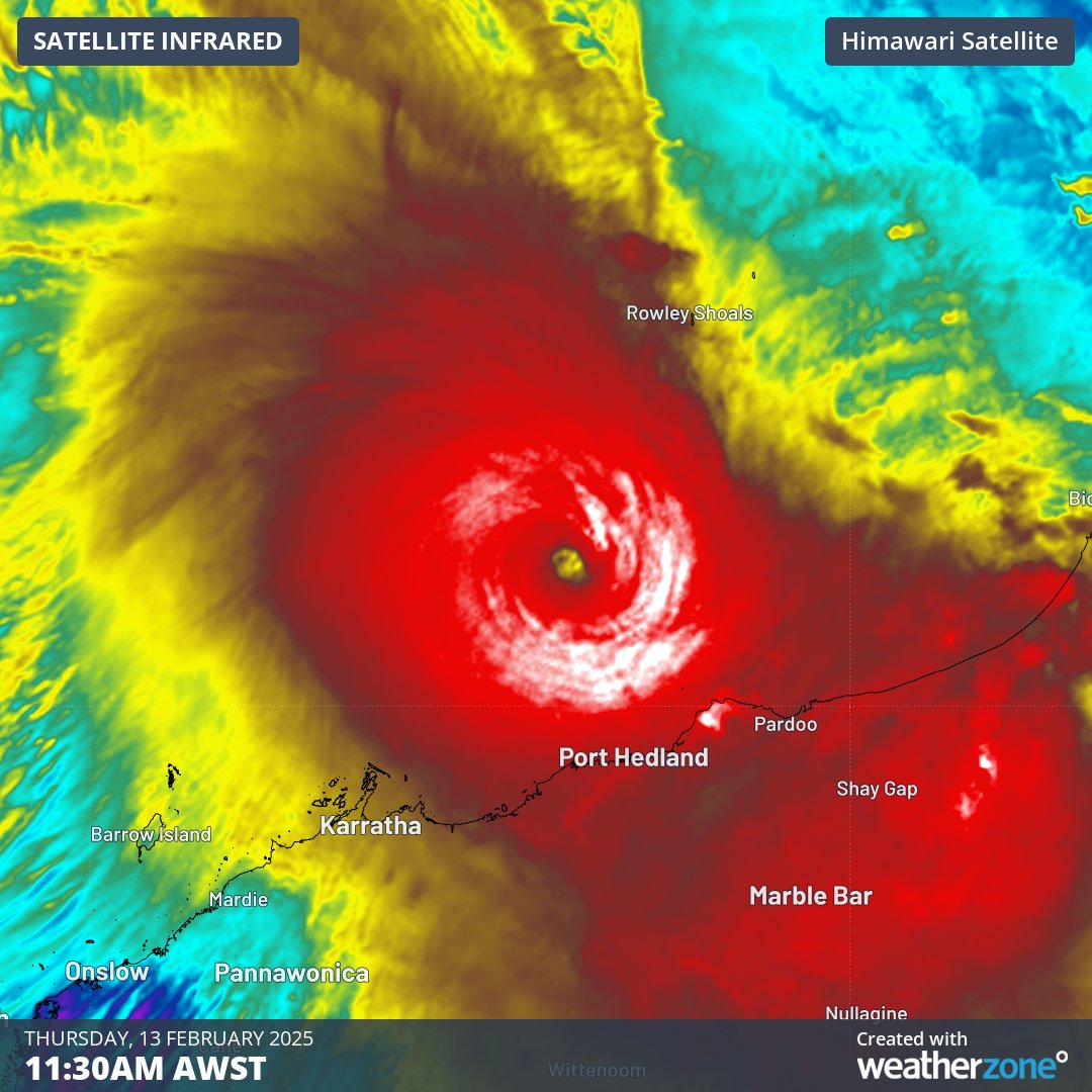 Severe Tropical Cyclone Zelia has just been upgraded to a category 5 system, with wind gusts estimated to be reaching 285 km/h near its core. Landfall still excepted to occur between Roebourne and Port Hedland late on Friday.
