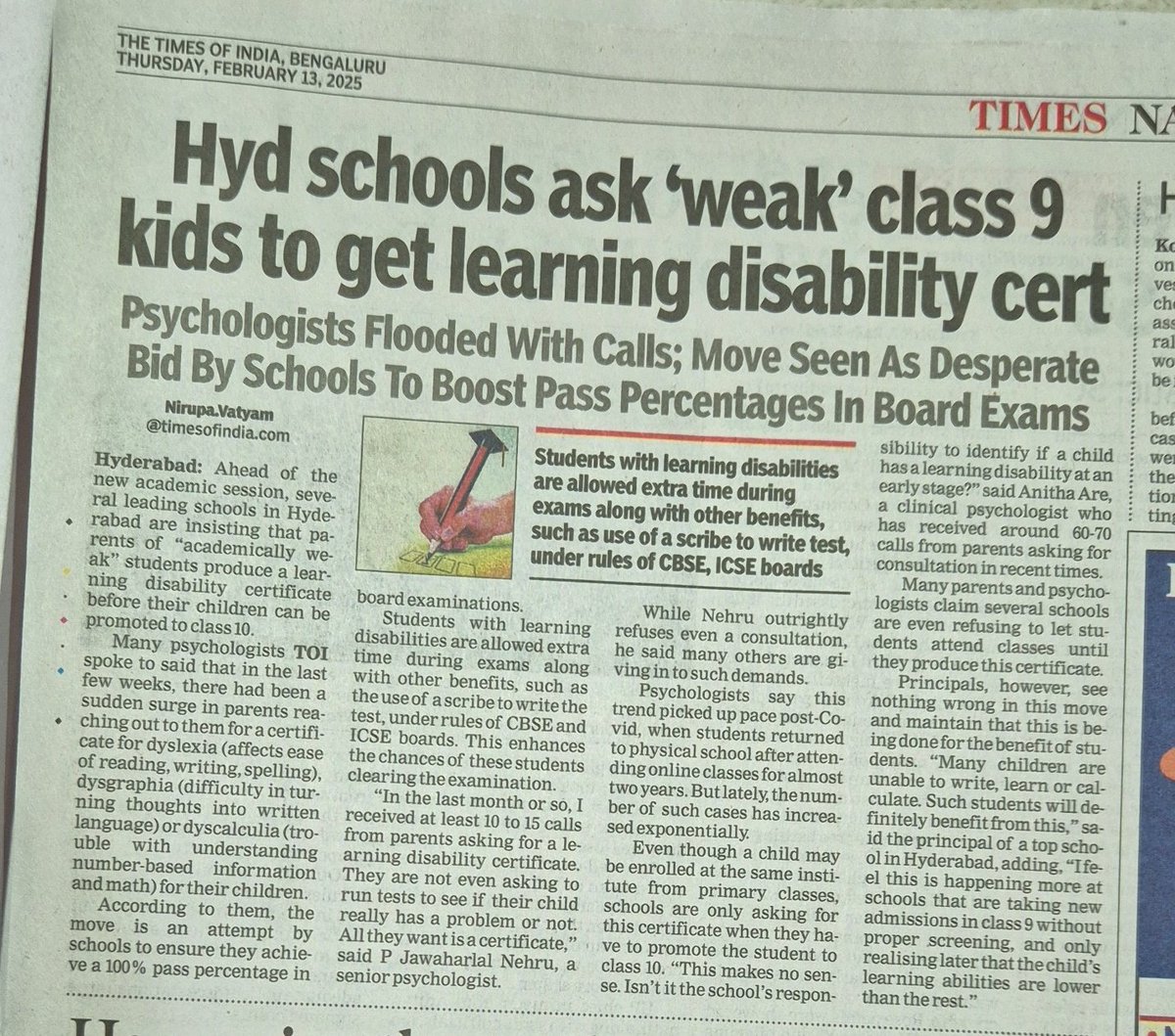 I wonder if <a href="/cbseindia29/">CBSE HQ</a> <a href="/EduMinOfIndia/">Ministry of Education</a> has any say about this.

Though this news is from Hyd, similar practice is in effect in #Bengaluru aswell.

Schools with substandard teaching staff are trying to push out under performing kids out of school.