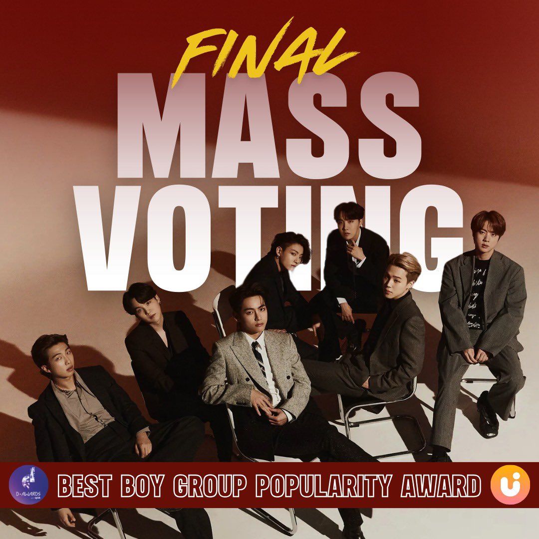 [🛑] D-AWARDS FINAL MASS VOTING

‼️2 HOURS LEFT TO VOTE‼️
ALL IN YOUR JAM to BTS on D-Awards Best Boy Group Popularity now! Widen the gap and protect the lead! ✊️

🔑: #ARMYFIGHTFORBTS

🗳: s.u-pick.io/dl/q3yKGs1vKbA…
❓️: bit.ly/AVT_UPICK_Guide