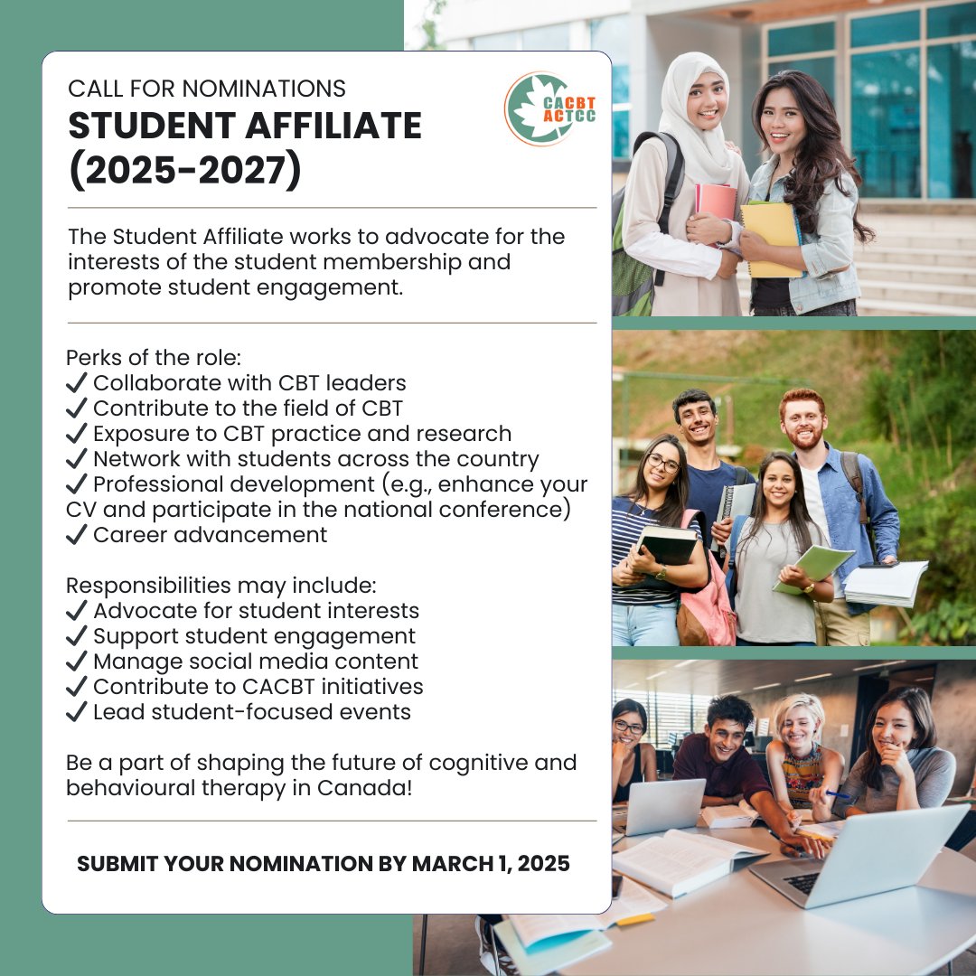 We are accepting nominations until March 1st for the Student Affiliate role on the Board of Directors!

CACBT is a national organization focused on training, advancing knowledge, advocacy, &amp; certification. This is a great opportunity to make an impact!

cacbt.ca/cacbt-elections