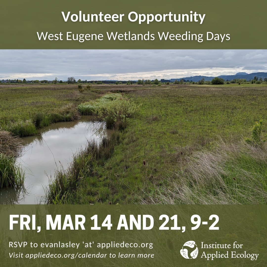 Looking for volunteer opportunities in conservation? Save the date(s) for upcoming Fridays, March 14 and March 21. Details below:

📅 Friday, March 14 and March 21

⏰ 9:00 a.m. to 2:00 p.m.

📍West Eugene Wetlands, Lane County, OR. Coordinates provided upon RSVP.