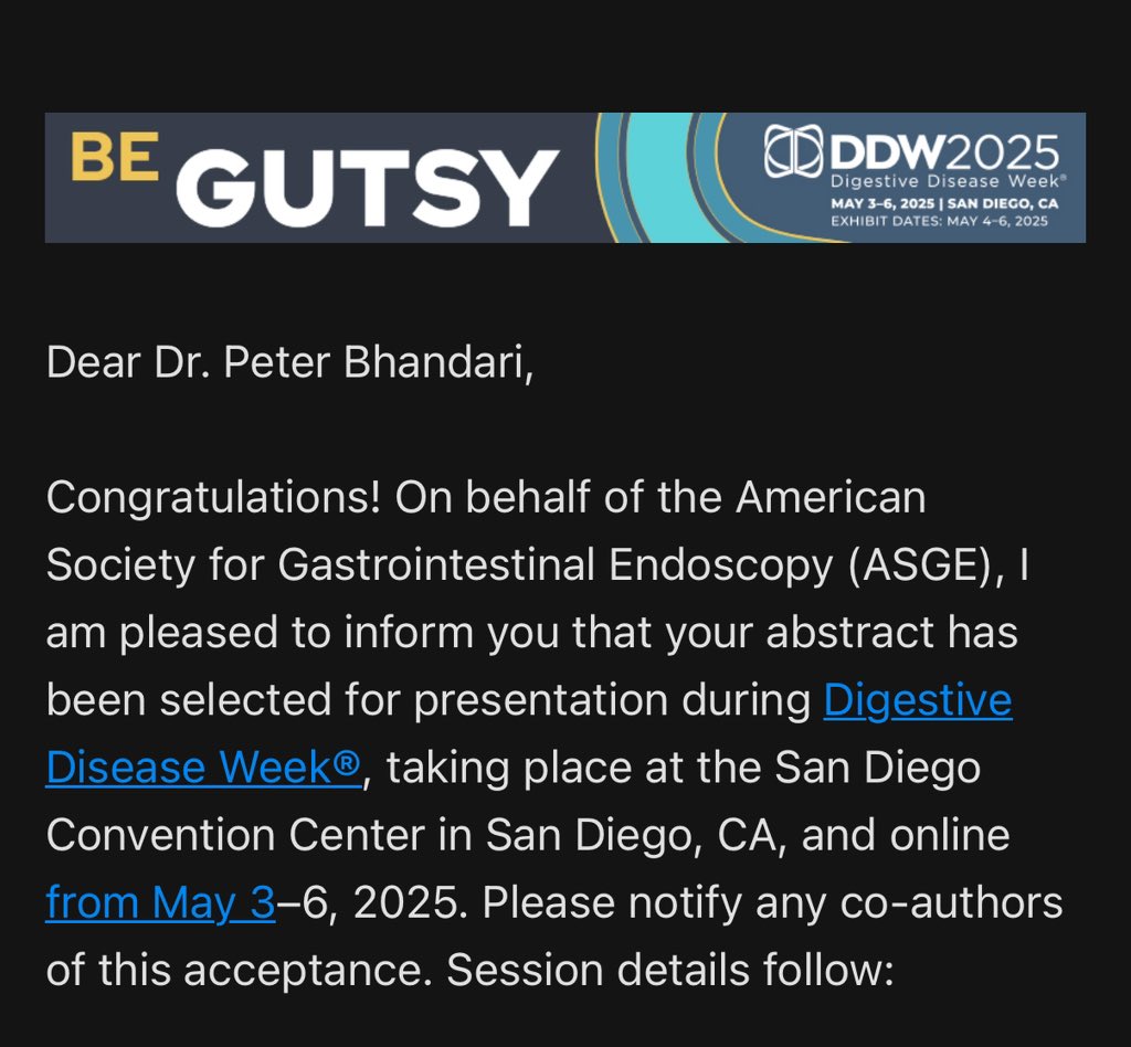 Peter Bhandari, MD (@peterbhandarimd) on Twitter photo Excited to share that our abstract was accepted to #DDW2025 <a href="/DDWMeeting/">Digestive Disease Week</a>
Grateful to my colleagues and mentors. See you in San Diego! ☀️
#DDW #GITwitter #Endoscopy Excited to share that our abstract was accepted to #DDW2025 <a href="/DDWMeeting/">Digestive Disease Week</a>
Grateful to my colleagues and mentors. See you in San Diego! ☀️
#DDW #GITwitter #Endoscopy