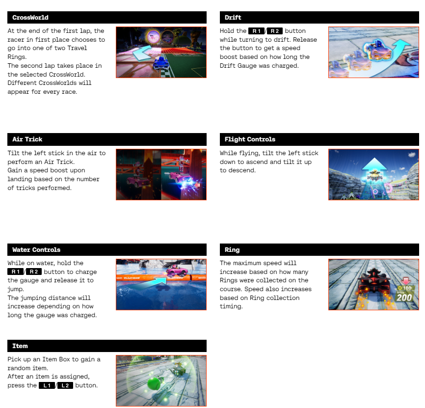 Rundown of certain controls and mechanics in the upcoming #SonicRacingCrossworlds.  (Buttons displayed are for Standard Mode.)  #SonicNews 
