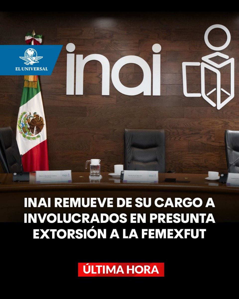 AmbarNoticias's tweet photo. #ÚLTIMAHORA 🚨 El Pleno del INAI removió de su cargo a los involucrados que presuntamente pidieron boletos a la Femexfut, para el Mundial de 2026, a cambio de reducir multas. https://t.co/FmfLcRrM3z