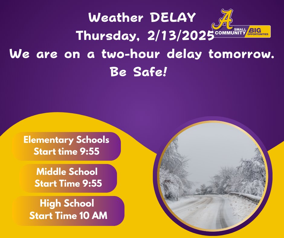 Two-hour delay, Thursday, Feb 13, 2025.