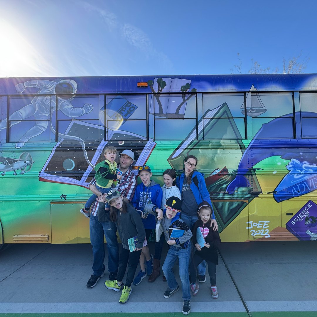 ThePEFtoday's tweet photo. The @ClarkCountySch Book Bus had an incredible Super Saturday at @SpringsPreserve last week! A huge thank you to all the families who joined us to grow their children’s home libraries. We loved seeing the joy of reading being spread to our students! https://t.co/fPQ7IbfOYR