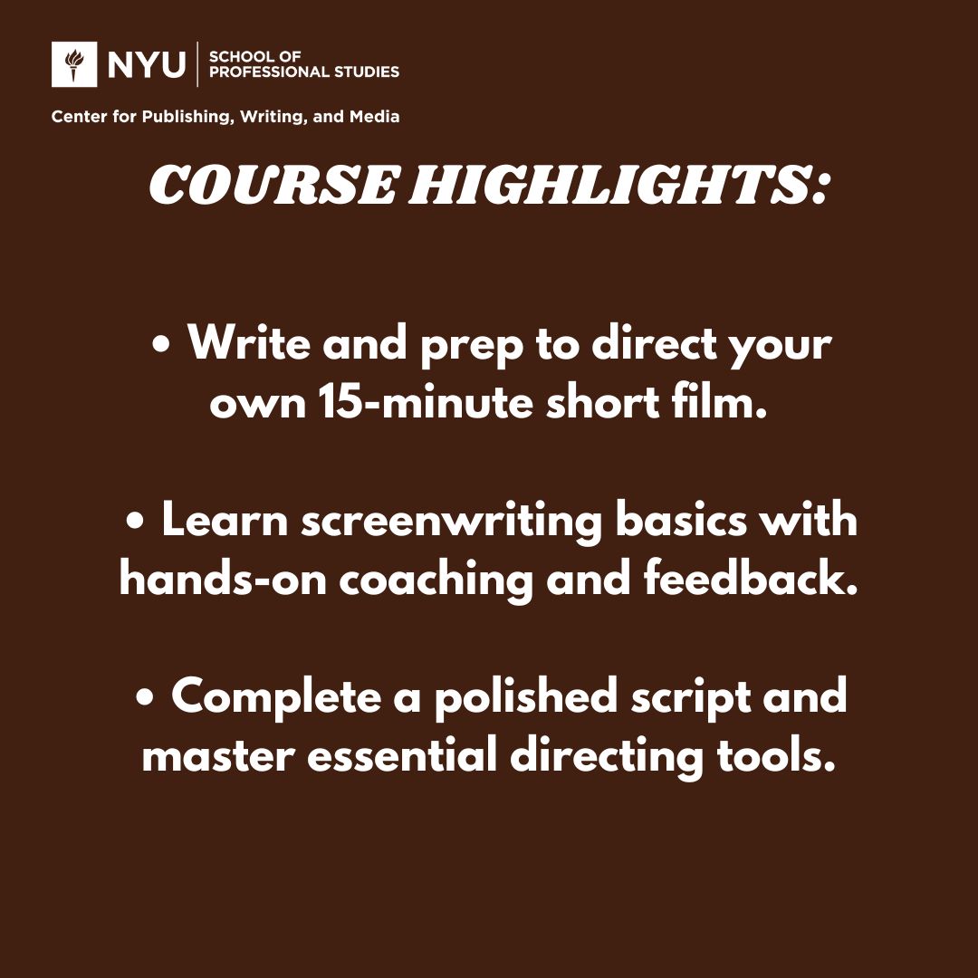 🎬 Write &amp; prep to direct your own short film with <a href="/iamRobFeld/">Rob Feld</a>  Learn screenwriting, visual storytelling &amp; directing in one semester. Leave with a polished script ready to shoot. #Filmmaking #ShortFilm #NYUPWMCE