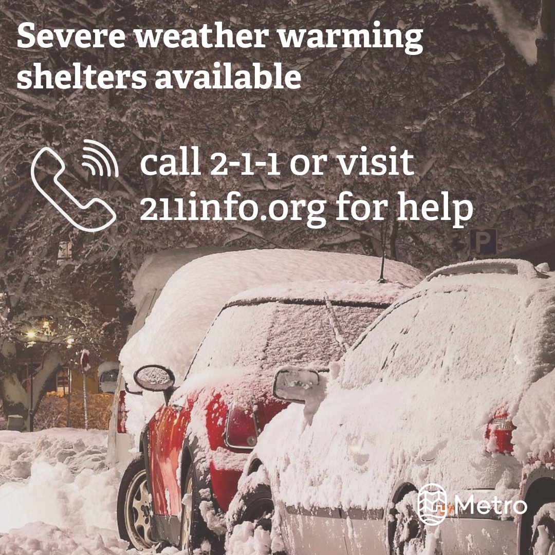 Emergency shelters open tonight at 8 p.m. through at least 12 p.m. Thursday, Feb. 13. Free transportation to warming shelters available by calling 2-1-1. <a href="/trimet/">TriMet</a> will not turn away anyone traveling to or from an emergency warming shelter during shelter hours. Interpreters are