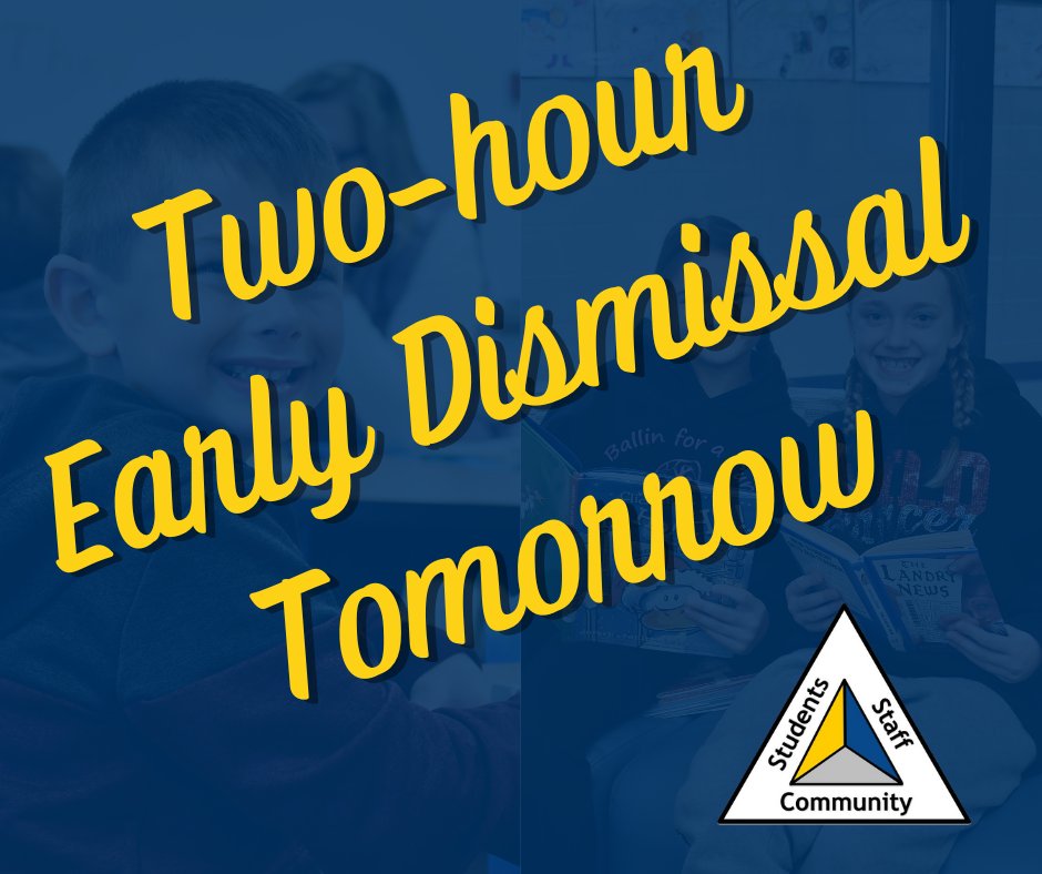 Don't forget that tomorrow, Thursday, 2/13, students are dismissed two hours early!  PVMS dismisses at 12:33 p.m., MHS dismisses at 12:45 p.m., and the district's elementary schools dismiss at  1:35 p.m.  

Following tomorrow's early dismissal, schools are closed on Friday, 2/14!