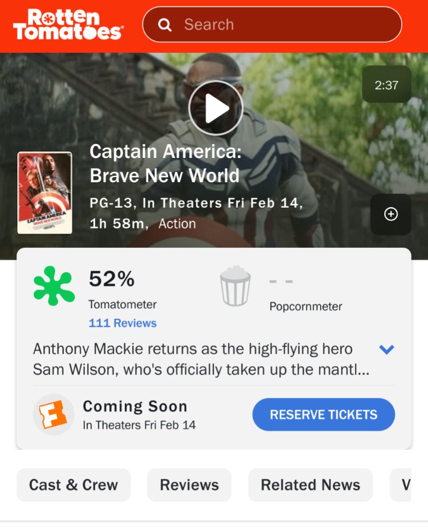 thatgeekshow's tweet photo. #CaptainAmericaBraveNewWorld debuts at 52% on Rotten Tomatoes, with 111 critic reviews. https://t.co/WfAxLXNrDa