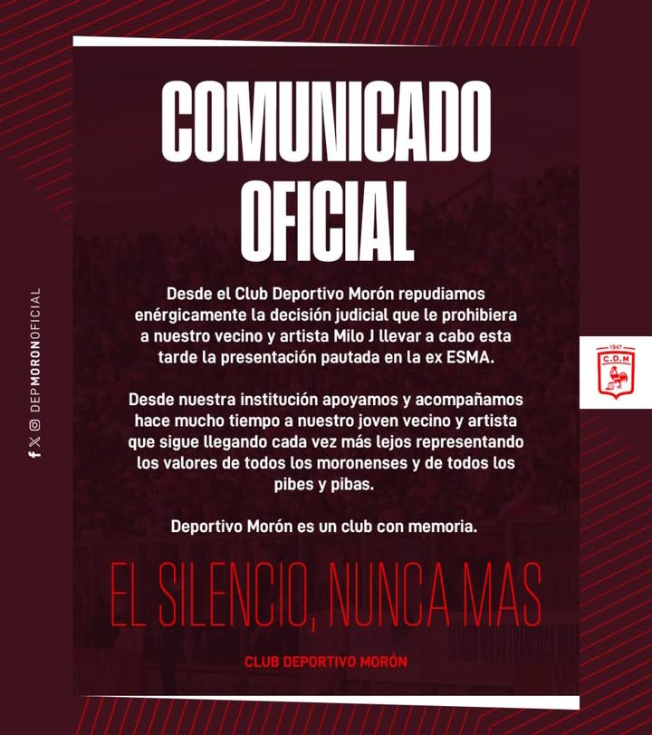 Deportivo Morón subió un comunicado en apoyo a Milo J, hincha del Club. El fútbol es pueblo