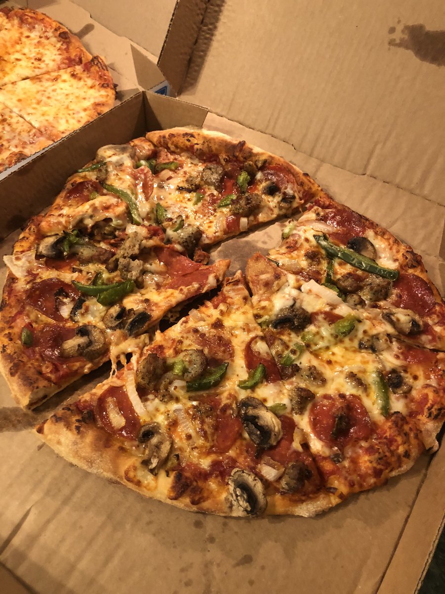 egdubya's tweet photo. @dominos We love your pizza and eat it often, but this is how my supreme looked after opening it upon delivery.  Still delicious though! https://t.co/DyYIQCfeUt