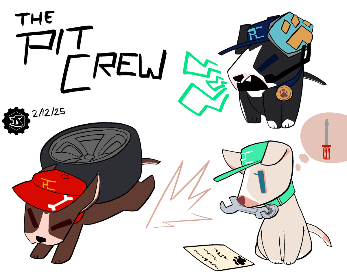 DieselTTV's tweet photo. Meet yourselves.. The Pit Crew! Ever wondered what it looks like behind the pit walls? These little pitbulls help me on and off the track in huge packs to fix up cars or shuffle tires! Their colors and collars represent their positions in work!
#DieselDraws https://t.co/BEsQ7zDygO