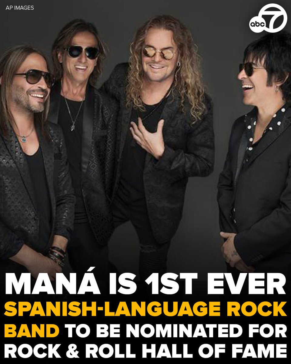 ABC7's tweet photo. According to Billboard, Maná is the first ever Spanish-language rock band to be nominated for Rock &amp; Roll Hall of Fame inclusion.

Check out the full list of nominees to be considered for the 2025 Rock &amp; Roll Hall of Fame class here: https://t.co/wqkDsZw48m https://t.co/602qE8RgQ4