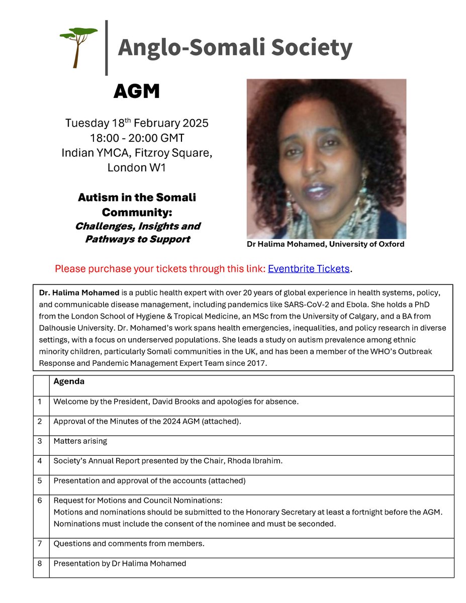 🚨 Join us for the Anglo-Somali Society AGM 2025! 
📅 Tuesday, 18th February 2025 at 6pm
📍 Indian YMCA, Fitzroy Square, London W1
"Autism in the Somali Community: Challenges, Insights &amp; Pathways to Support" by Dr. Halima Mohamed (University of Oxford).👇
🔗 Eventbrite Tickets