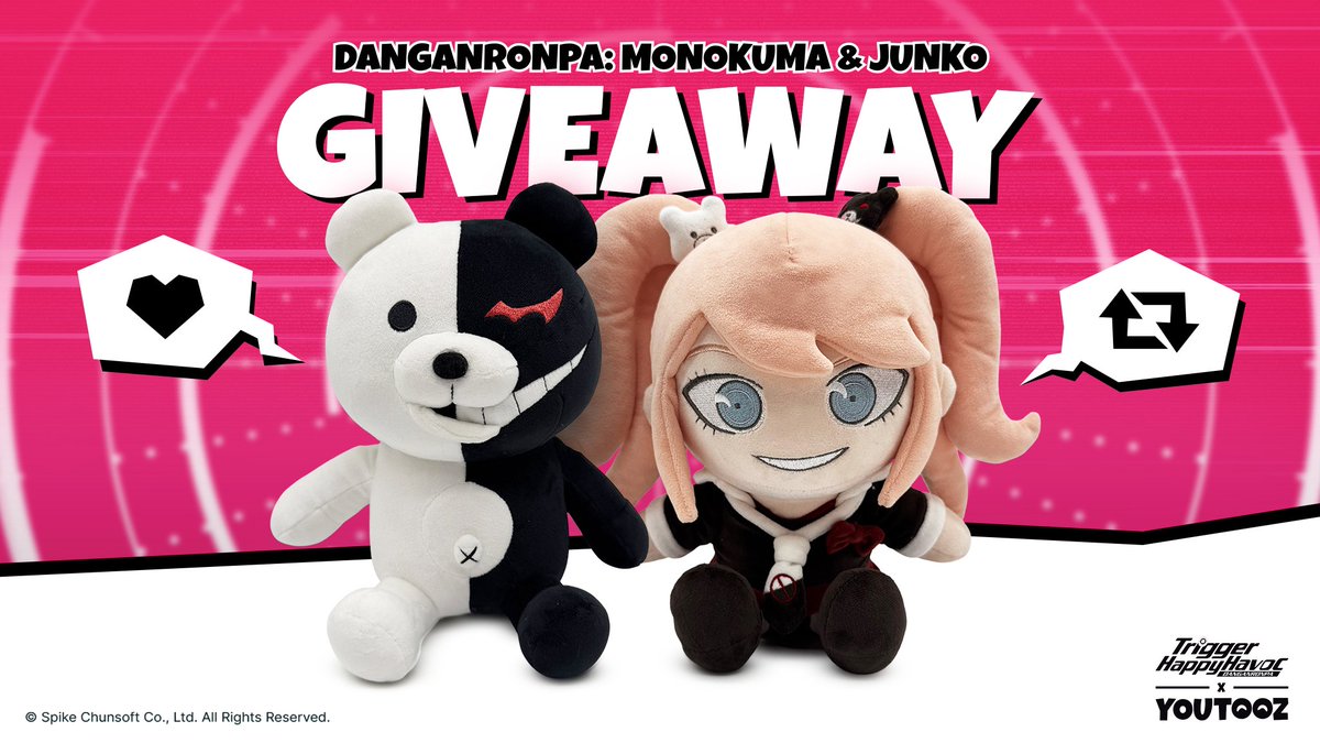 🎲💀CHOOSE YOUR FATE! 💀🎲 

🖤 like for a free monokuma plushie
🔁 retweet for a free junko plushie

3 winners for each announced next friday feb 21st!
