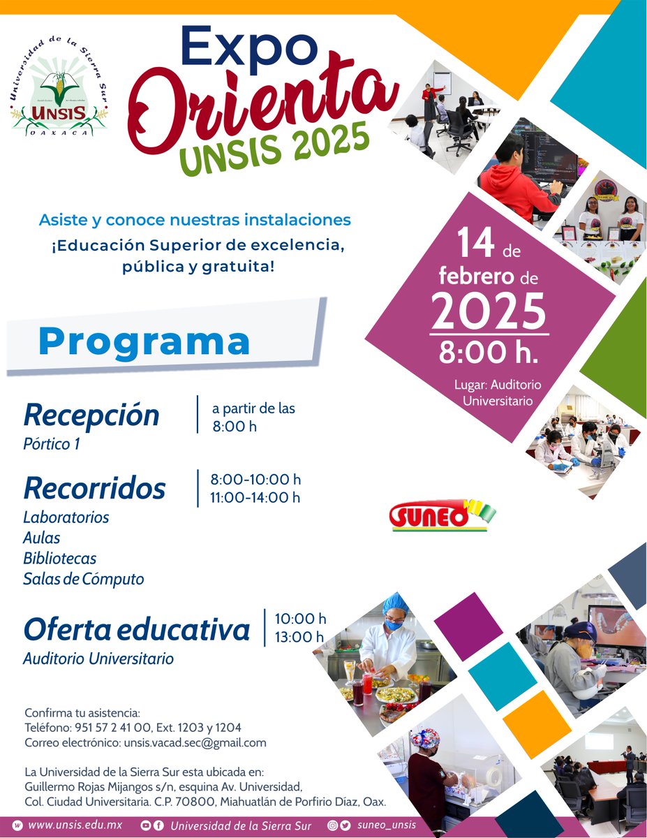 SUNEO_UNSIS's tweet photo. El🗓️14 de febrero asiste a la 📚👩‍🎓Expo Orienta UNSIS 2025👨‍🎓, evento 100% gratuito. Los esperamos a partir de las ⏰8:00 horas

Ven y conoce la información más relevante de las licenciaturas y los posgrados, el modelo universitario, así como las instalaciones y el equipamiento
1/3 https://t.co/iIJysNRttD