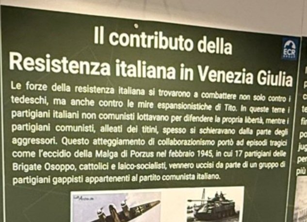 majap's tweet photo. Mentre Meloni sproloquia di vilipendio, i suoi a Strasburgo allestiscono una mostra per il #10febbraio,  trasformando un esercito alleato in aggressore e i partigiani in collaborazionisti. https://t.co/ODahrDgJHX