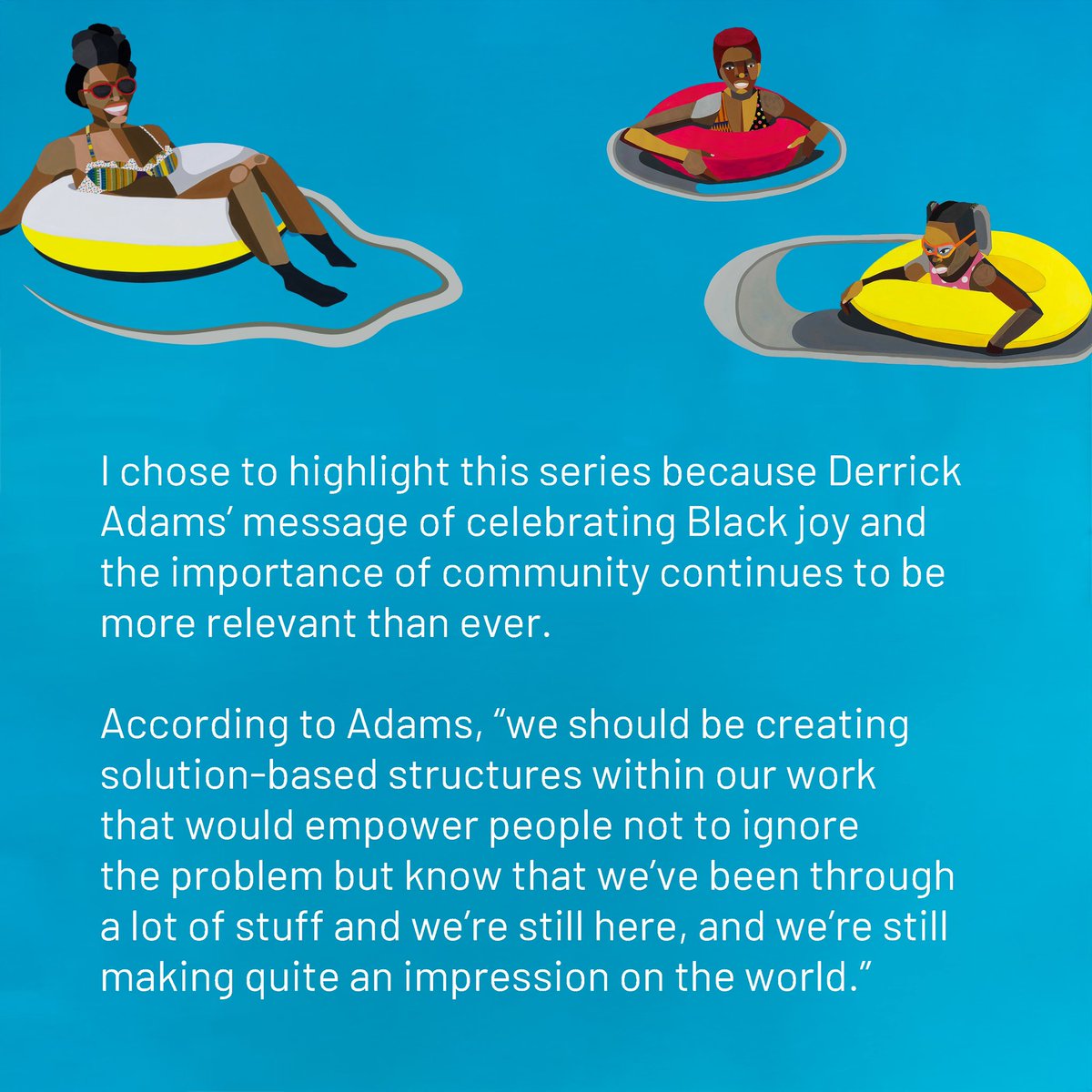 imaginaryforces's tweet image. In honor of #BlackHistoryMonth, IF design intern Ella animated ‘Floaters’ by multidisciplinary artist Derrick Adams! Swipe to discover why this piece resonated with her and how it uplifts the narrative of Black joy in a world that often seeks to diminish it. 🏊🏾☀️ #DerrickAdams
