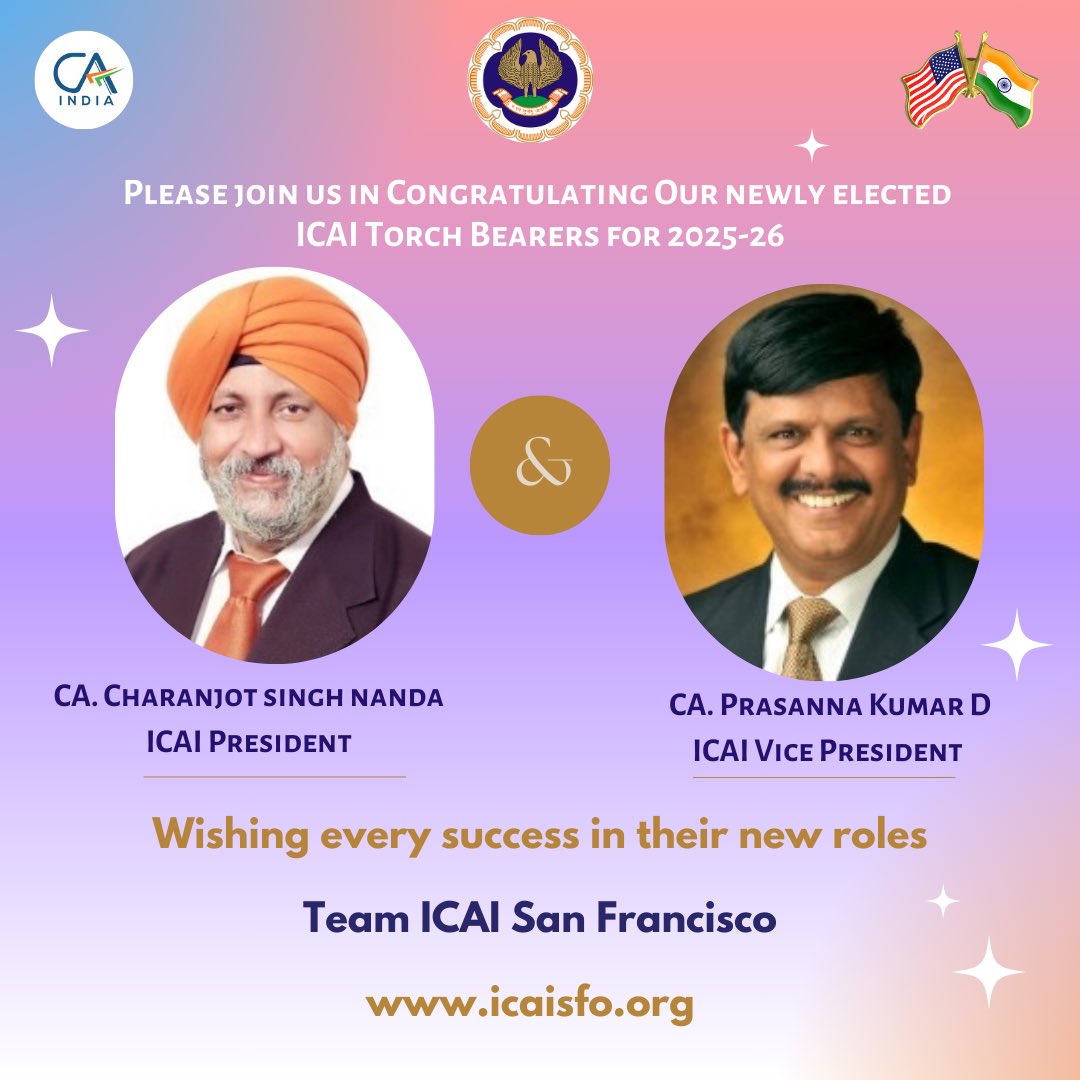 icaisfo's tweet image. Congratulations to the new leaders of @theicai!

Wishing CA. Charanjot Singh Nanda (President) &amp;amp; CA. Prasanna Kumar D (Vice President) a successful tenure as they lead the profession to new heights. Looking forward to their visionary leadership!

#Leadership #CharteredAccountants