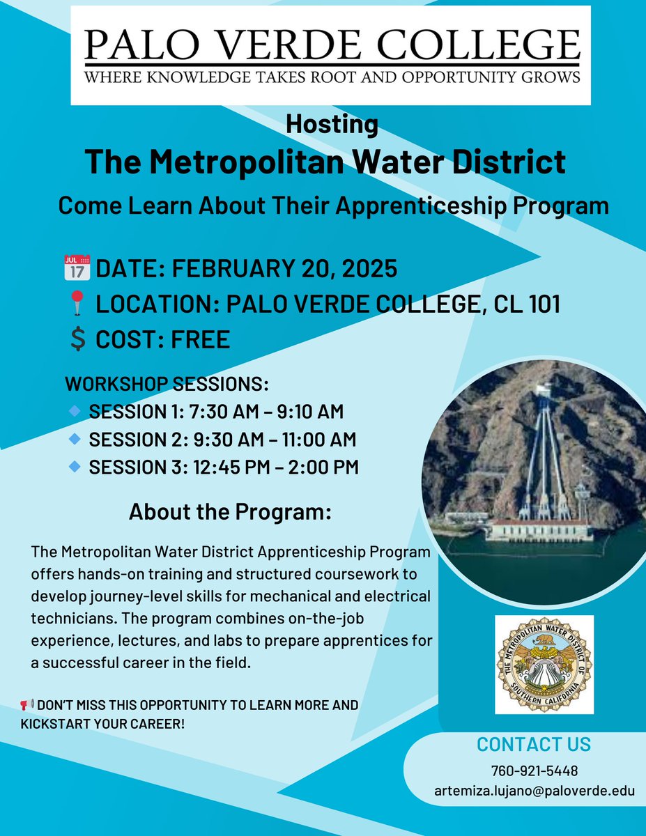 Have you ever thought about a career as a mechanical or electrical technician for The Metropolitan Water District? 
Get ready to kickstart your career with workshops are MWD's Apprenticeship Program! Join us February 20th for one of the free info sessions.