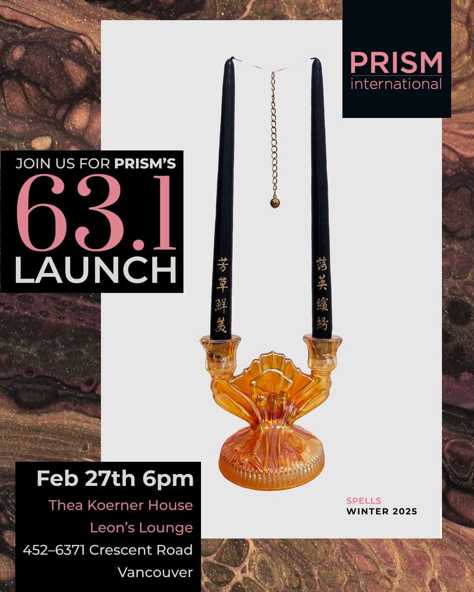 PRISM international (Submissions Open!) (@prismlitmag) on Twitter photo We are proud to announce the Launch of PRISM International SPELLS Issue 63.1!
Join us on Thursday, February 27th, 2025
From 6pm-8pm
Featured writers:
<a href="/AdeleVBarclay/">Adèle Barclay</a>
Joanne Polukoshko
Maya Somogyi
Featured cover artist:
Ketty Haolin Zhang
Sign up through link in bio We are proud to announce the Launch of PRISM International SPELLS Issue 63.1!
Join us on Thursday, February 27th, 2025
From 6pm-8pm
Featured writers:
<a href="/AdeleVBarclay/">Adèle Barclay</a>
Joanne Polukoshko
Maya Somogyi
Featured cover artist:
Ketty Haolin Zhang
Sign up through link in bio