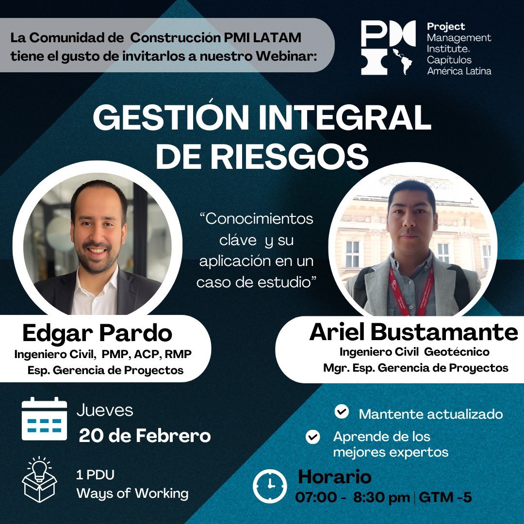 🗓 Fecha: 20 de febrero de 2025

⏰ Hora:
6:00 pm (hora de México y Centro América)
7:00 pm (Colombia, Perú, Panamá, Ecuador)
9:00 pm (Chile, Brasil, Argentina, Paraguay)

Link de inscripción: pmilatam.airmeet.com/e/6f0d4660-e99…