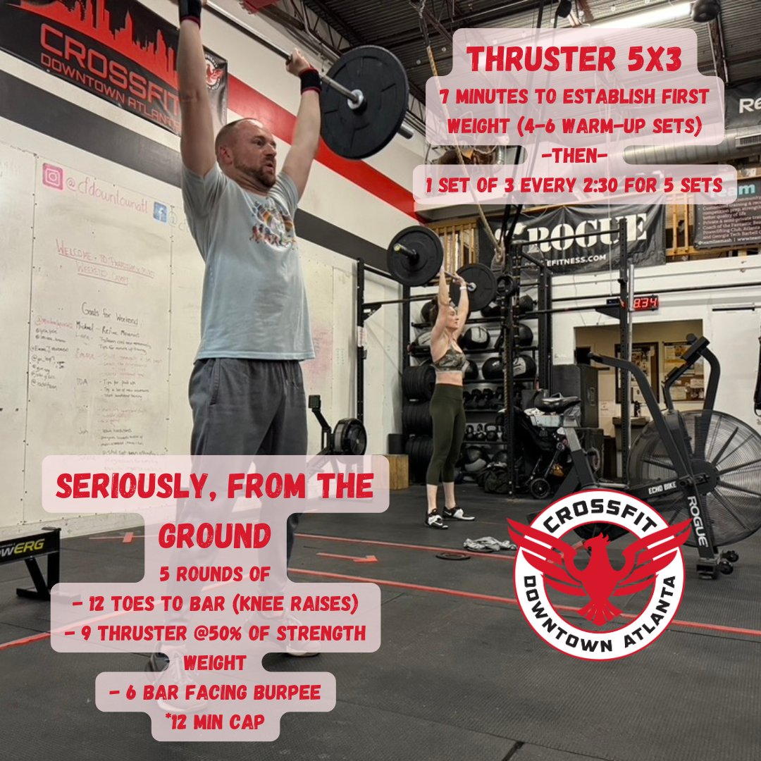 cfdowntownatl's tweet photo. 250213 "Seriously, From the Ground" #thruster #roundsfortime #toestobar #barfacingburpee #cfda #liftheavy #runfast #havefun #bewell #cabbagetown #crossfitwod #committedtocrossfit #crossfit #WOD #CFWOD #workout https://t.co/nJCGAdGeim
