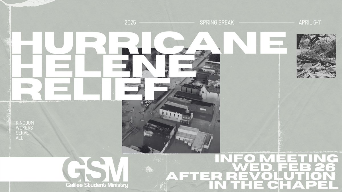 galileestudents's tweet image. Mark Your Calendars!
This Spring Break, we’re gearing up to make a difference in Hurricane Helene-affected areas in TN.
Join us for an Info Meeting on Wed. Feb 26, right after Revolution in the chapel.
#KINGDOMWORKERS #SERVEALL