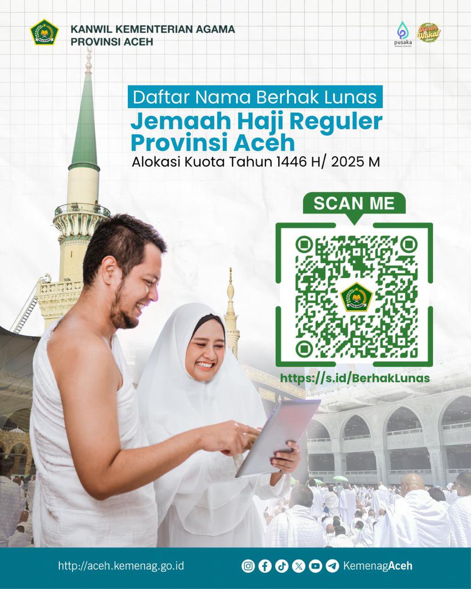 Nih ya yang ditunggu-tunggu, daftar nama jemaah haji reguler masuk alokasi kuota tahun 1446 H/ 2025 M untuk Provinsi Aceh 😊 Semoga nanti lancar semua ibadahnya #sahabatreligi 🤗

#haji #haji2025 #kemenagaceh