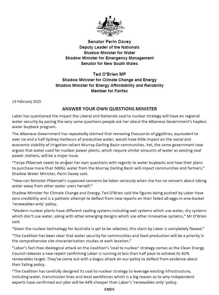Senator Perin Davey (@perindavey) on Twitter photo Labor has questioned the impact the Liberal and Nationals coal to nuclear strategy will have on regional water security by posing the very same questions people ask about the Albanese Government’s hapless water buyback program. shorturl.at/IMqfF Labor has questioned the impact the Liberal and Nationals coal to nuclear strategy will have on regional water security by posing the very same questions people ask about the Albanese Government’s hapless water buyback program. shorturl.at/IMqfF