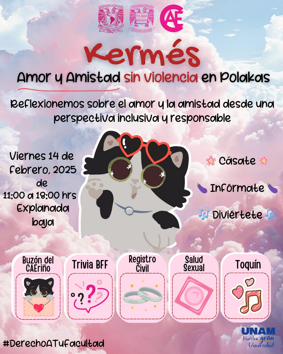 UNAM_FCPyS's tweet photo. ¡#CAEle a las actividades que tenemos para ti este #14DeFebrero! 🥰
Celebremos el #Amor y la #Amistad con una jornada llena de sorpresas.
A partir de las 9:00 am, ven con tus amigxs y disfruta de las siguientes actividades:
¡Te esperamos!
#DerechoATuFacultad #UNAM #FCPyS #CAE https://t.co/OPE9Eg70rG