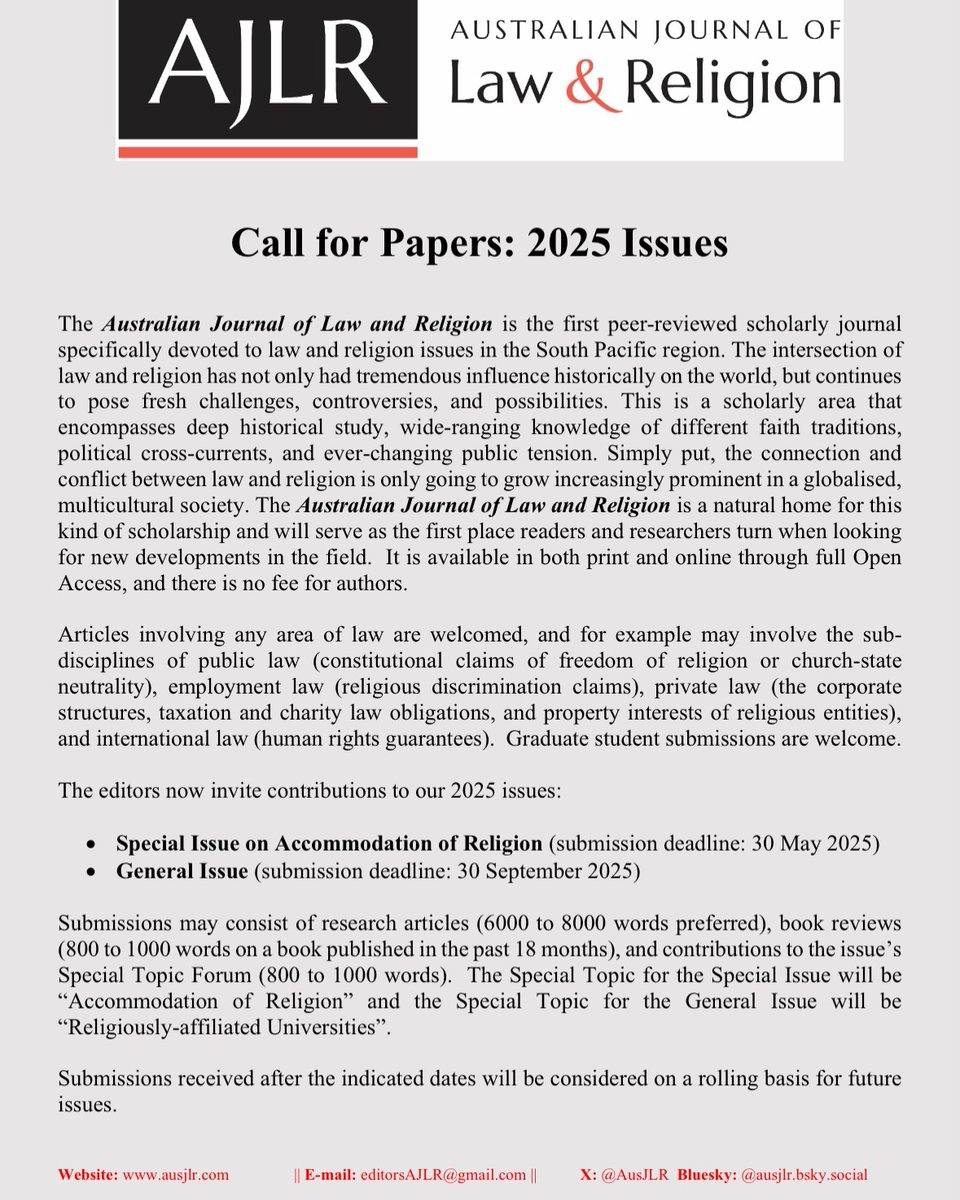 UniSQLawandJusticeResearch (@unisqljresearch) on Twitter photo Australian Journal of Law and Religion - 📣#CallForPapers 2025:
• Special Issue on Accommodation of Religion (submission deadline: 30 May 2025)
• General Issue (submission deadline: 30 September 2025) <a href="/AusJLR/">Australian Journal of Law and Religion</a> Australian Journal of Law and Religion - 📣#CallForPapers 2025:
• Special Issue on Accommodation of Religion (submission deadline: 30 May 2025)
• General Issue (submission deadline: 30 September 2025) <a href="/AusJLR/">Australian Journal of Law and Religion</a>