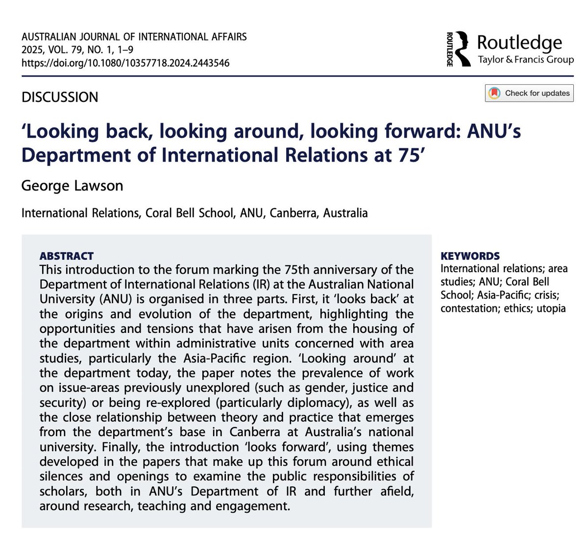 Australian Journal of International Affairs. (@austjia) on Twitter photo 🚨 George Lawson reflects on a moment to take stock & identify public responsibilities of scholars in introduction to the forum marking the 75th anniversary of ANU's Dept. of International Relations. Free access to end of March only!! ⬇️ <a href="/ANUasiapacific/">ANU College of Asia and the Pacific</a> 🚨 George Lawson reflects on a moment to take stock & identify public responsibilities of scholars in introduction to the forum marking the 75th anniversary of ANU's Dept. of International Relations. Free access to end of March only!! ⬇️ <a href="/ANUasiapacific/">ANU College of Asia and the Pacific</a>