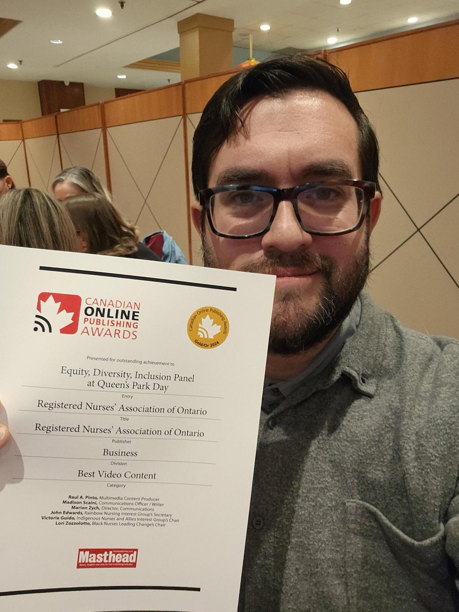RNAO (@rnao) on Twitter photo Drum roll, please....
RNAO's work on equity, diversity and inclusion (EDI) was honoured this evening at the Canadian Online Publishing Awards. Raul Pinto's video captured the gold prize in the Best Video category. Congratulations <a href="/rpintornao/">@RaulPintoRNAO</a>! We extend deepest thanks to those Drum roll, please....
RNAO's work on equity, diversity and inclusion (EDI) was honoured this evening at the Canadian Online Publishing Awards. Raul Pinto's video captured the gold prize in the Best Video category. Congratulations <a href="/rpintornao/">@RaulPintoRNAO</a>! We extend deepest thanks to those