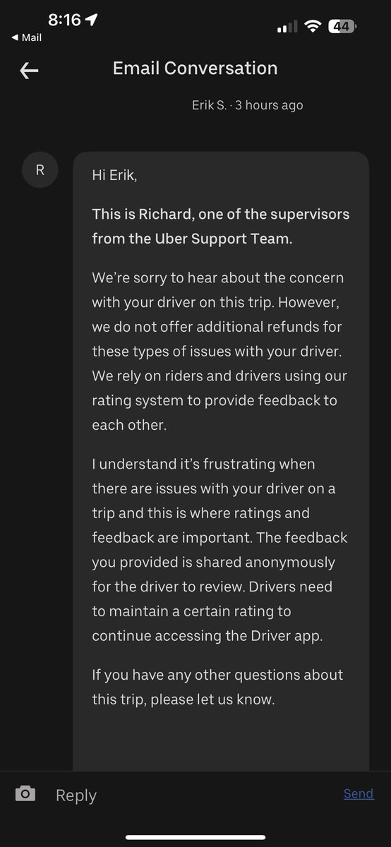 CrownNovember's tweet photo. A @Uber driver was suppose to come this morning and pick me up for work, a shared ride. She got another rider, dropped them off at their destination, and then competed MY ride as if I was in the car with her. I reported it to @Uber, this was their reply. This what yall do?? @Uber https://t.co/kyGOZQBnL8