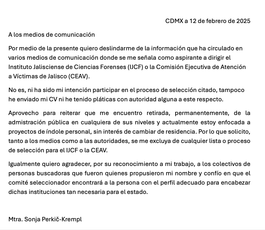 suncita2's tweet photo. En los últimos días se me ha mencionado como candidata para dirigir el @forensesjalisco o la CEAV de Jalisco. Quiero aclarar que no me he postulado y a continuación comparto la nota aclaratoria. @GobiernoJalisco @QuadratinJal https://t.co/XLsmMvqV0X