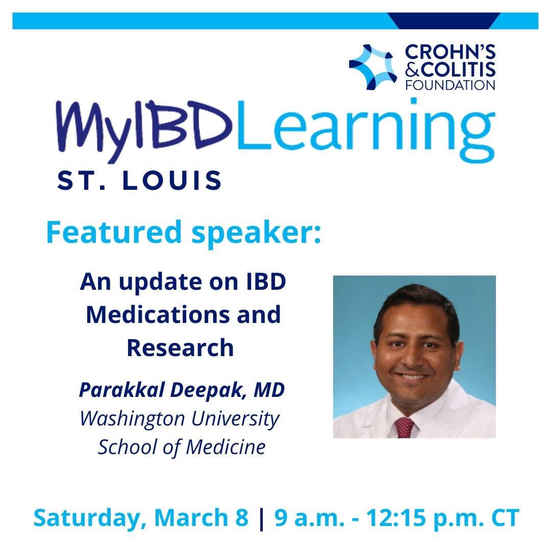 WashU Medicine Division of Gastroenterology (@washumedgastro) on Twitter photo Save the date! <a href="/P_DeepakIBDMD/">Parakkal Deepak MD, MS, FACG</a> will discuss updates on IBD medications and research at <a href="/CrohnsColitisFn/">Crohn's & Colitis Foundation</a> - Mid America Chapter <a href="/WashUMedIBD/">WashU Medicine Inflammatory Bowel Disease Center</a> . Save the date! <a href="/P_DeepakIBDMD/">Parakkal Deepak MD, MS, FACG</a> will discuss updates on IBD medications and research at <a href="/CrohnsColitisFn/">Crohn's & Colitis Foundation</a> - Mid America Chapter <a href="/WashUMedIBD/">WashU Medicine Inflammatory Bowel Disease Center</a> .