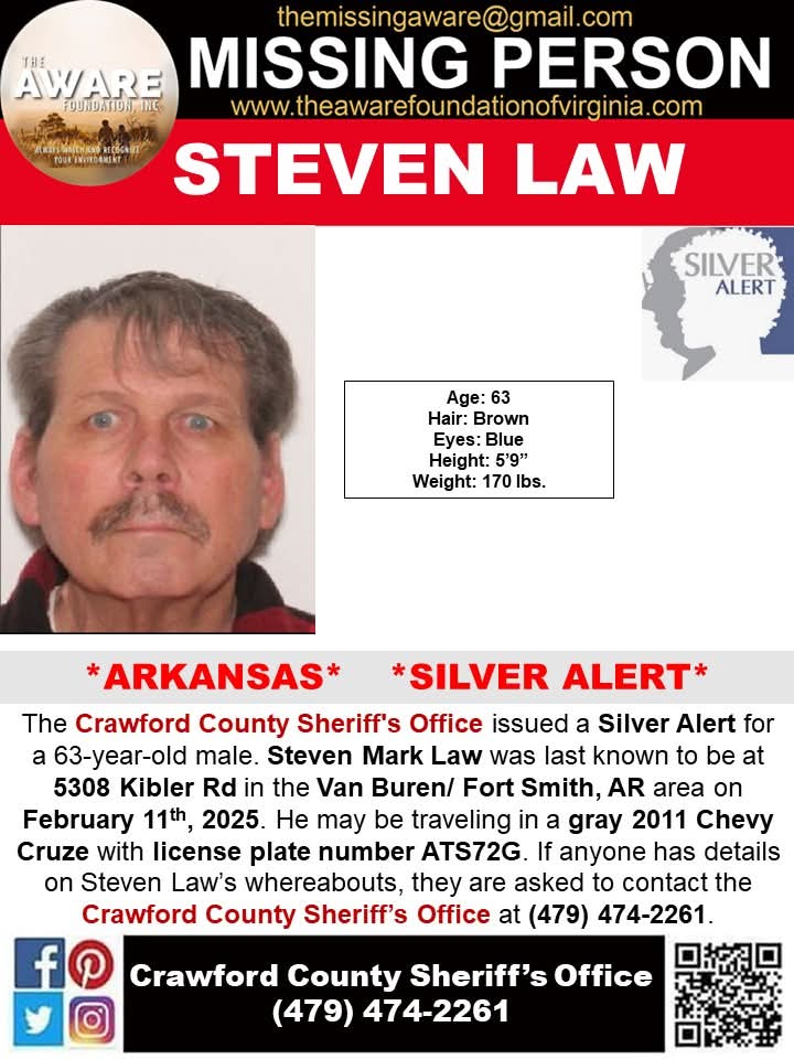 aware_the's tweet photo. ***SILVER ALERT*** VAN BUREN, AR
The Crawford County Sheriff's Office issued a Silver Alert for a 63-year-old male. Steven Mark Law was last known to be at 5308 Kibler Rd in the Van Buren/ Fort Smith, AR area on February 11th, 2025. He may be traveling in a gray 2011 Chevy Cruze with license plate number ATS72G. If anyone has details on Steven Law’s whereabouts, they are asked to contact the Crawford County Sheriff’s Office at (479) 474-2261.
#StevenMarkLaw #MissinginArkansas #vanburenarkansas #SilverAlert #TheAWAREFoundation