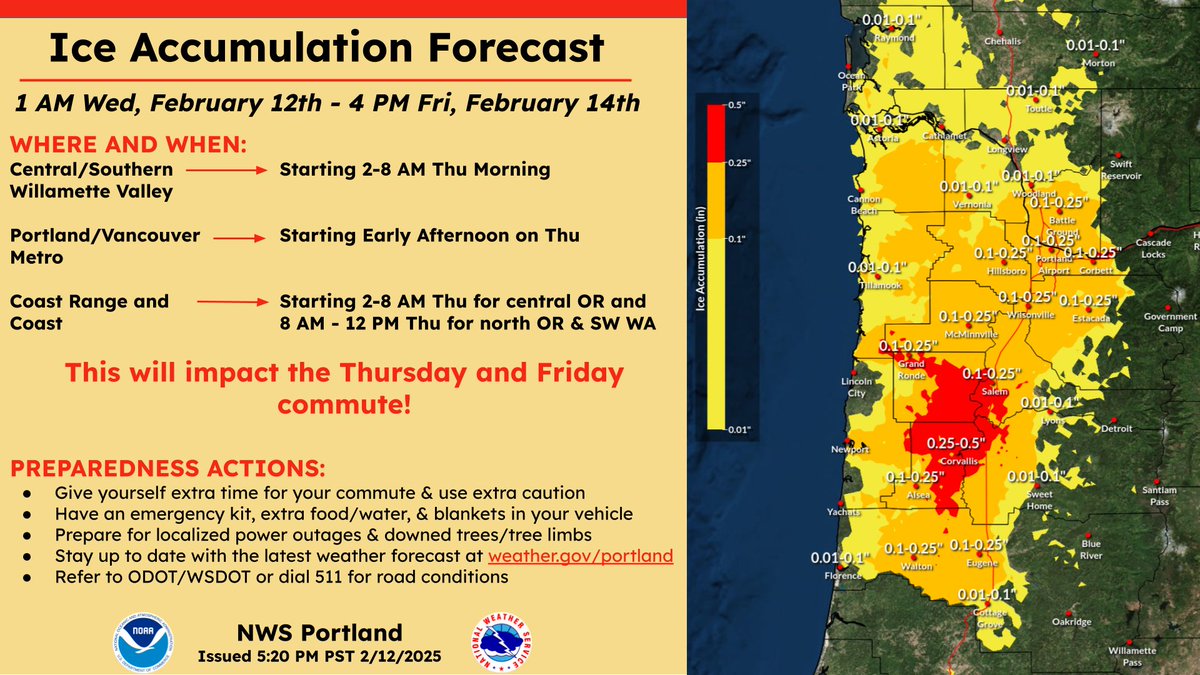 NWSPortland's tweet image. ⚠️Freezing rain &amp;amp; snow will impact NW OR &amp;amp; SW WA late tonight/tomorrow AM - Friday. Expect significant travel impacts on all roads. Localized power outages possible, especially near the Columbia River Gorge &amp;amp; in the central/southern Willamette Valley. Prepare now! #ORwx #WAwx