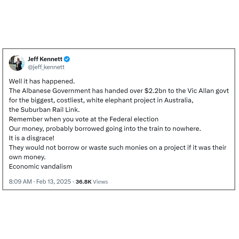 ptua's tweet photo. Jeff Kennett on Melbourne underground rail: 2012 vs 2025 https://t.co/hCEBMNikOh