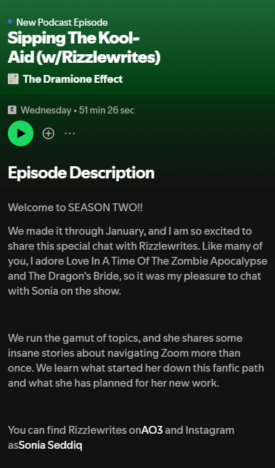 rizzle_writes's tweet image. It was an immense pleasure to be the first guest for Season 2 of The Dramione Effect Podcast. The episode is up now on Spotify and Apple Podcasts. If you're not already subscribed, I highly recommend it. This sesason is 🔥!
open.spotify.com/episode/74IBGU…
podcasts.apple.com/us/podcast/the…
