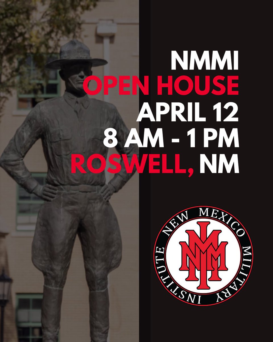 NMMI's tweet image. Transform your future at New Mexico Military Institute. Visit our Open House on April 12th to tour our historic campus, meet current cadets, and see why NMMI graduates stand out from the crowd. Your journey to excellence starts here! #WeAreNMMI
