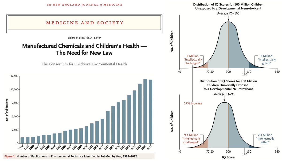100 million US children exposed to industrial developmental toxins demonstrated a 5-point drop in IQ. 

The chemical industry has produced over 350,000 chemicals and plastics, a 50 fold increase since the 1950s and U.S. systems have failed to protect.

Other data points: 
+ 35%