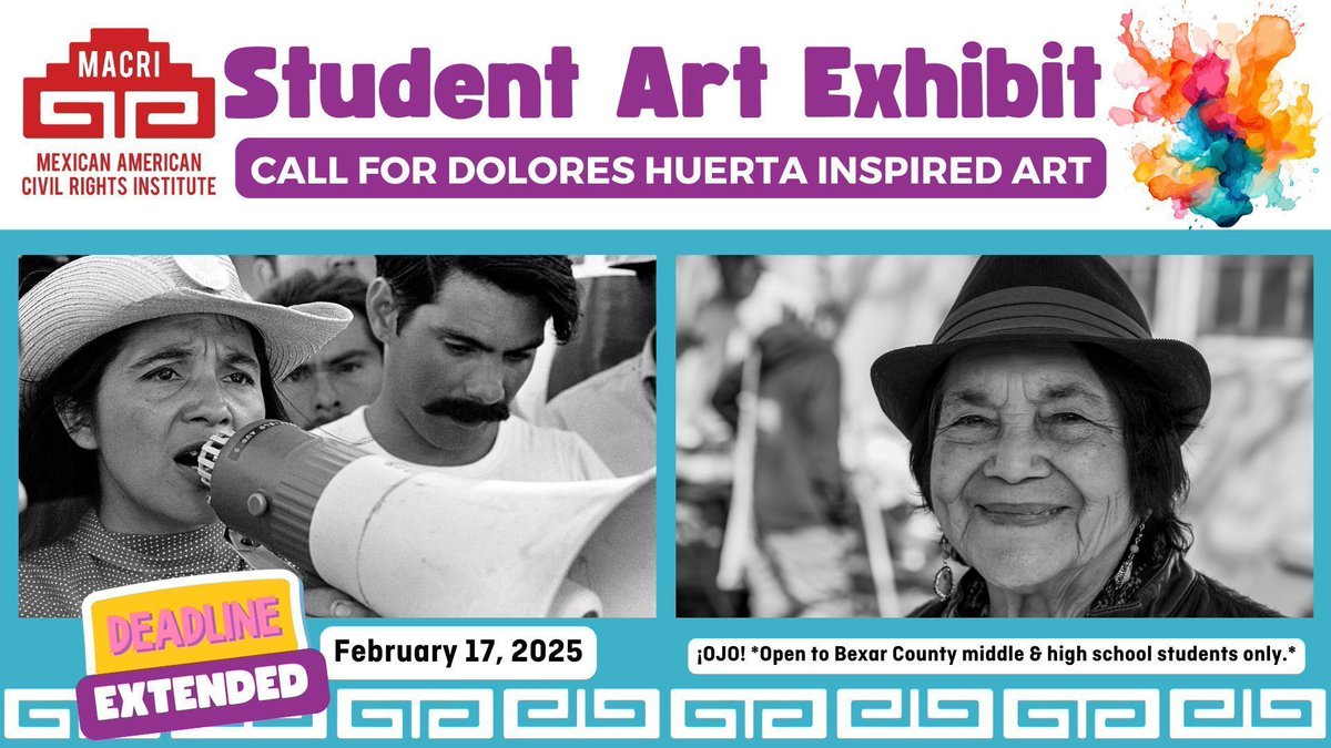 DEADLINE EXTENDED!

📣 CALL FOR DOLORES HUERTA INSPIRED ART 📣 

🎨 Bexar County middle &amp; high school students: to celebrate Dolores Huerta’s 95th bday, MACRI is holding an exhibit of student art inspired by Dolores Huerta. See submission guidelines at buff.ly/3WaVWjw