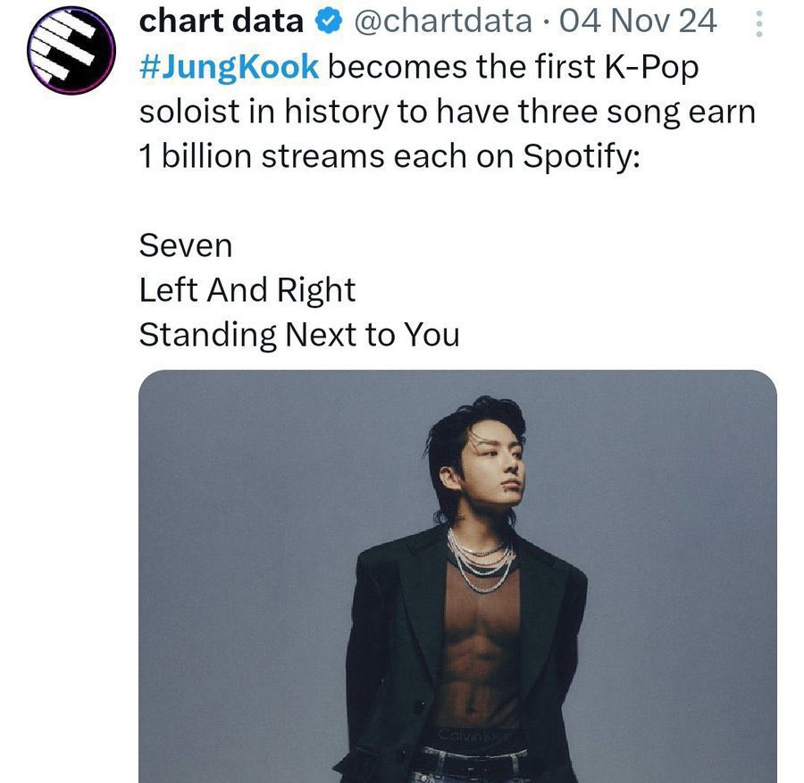1BforJK's tweet photo. RT/ รีค่ะ‼️
Jungkook is the FIRST and ONLY K-pop soloist to have 3 songs surpass 1 billion streams each on Spotify.

It's unprofessional to spread misinformation. Please verify your data before posting. You owe Jungkook an apology!

@Kpop_Herald
@HYBEOFFICIALtwt
@BIGHIT_MUSIC https://t.co/4jKxr6GLXi