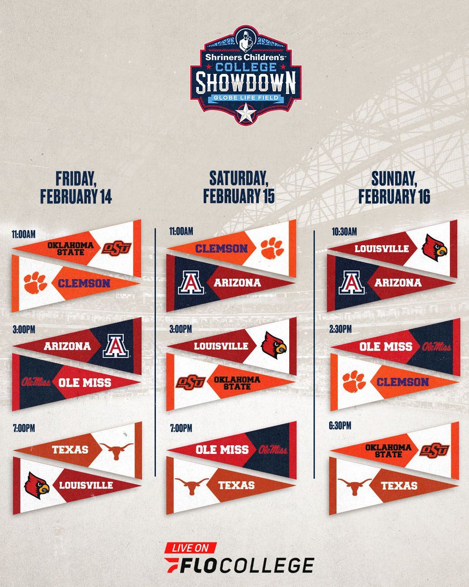 Get ready for the 2025 season opener at <a href="/GlobeLifeField/">Globe Life Field</a>! This weekend, catch <a href="/LouisvilleBSB/">Louisville Baseball</a>, <a href="/OSUBaseball/">OSU Cowboy Baseball</a>, <a href="/ArizonaBaseball/">Arizona Baseball</a>, <a href="/TexasBaseball/">Texas Baseball</a>, <a href="/OleMissBSB/">Ole Miss Baseball</a>, and <a href="/ClemsonBaseball/">Clemson Baseball</a> in the Shriners Children's College Showdown. #D1Partner

Score your tickets now at