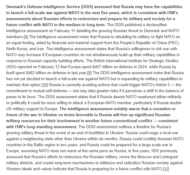 TheStudyofWar's tweet photo. The [DDIS] intelligence assessment notably warns that a cessation or freeze of the war in Ukraine on terms favorable to Russia will free up significant Russian military resources for their involvement in another future conventional conflict — consistent with ISW's long-standing assessment.